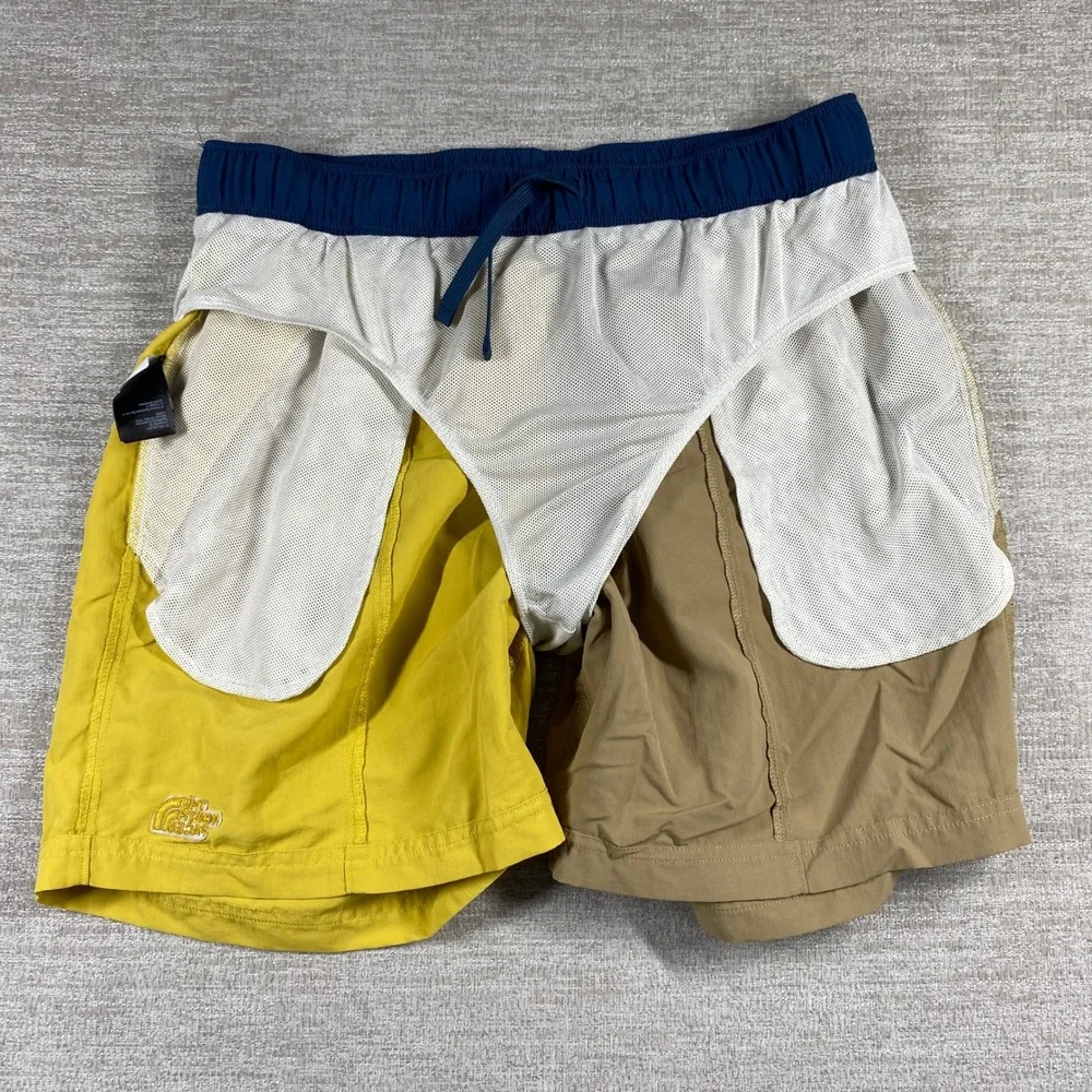 The North Face Class V Belted Shorts Men Large Yellow Tan Colorblock Mesh Liner